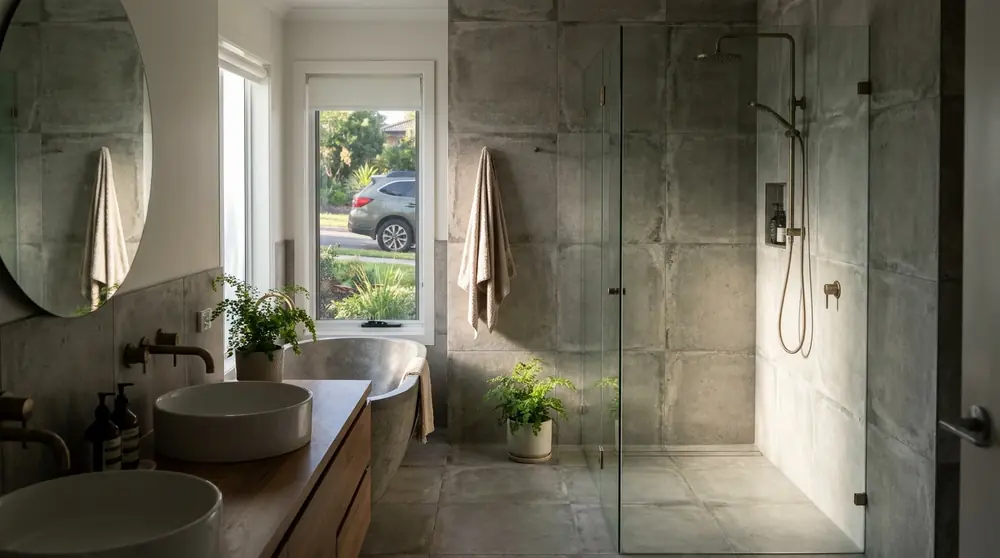 Dark grey tiled walk-in shower in a completed contemporary bathroom