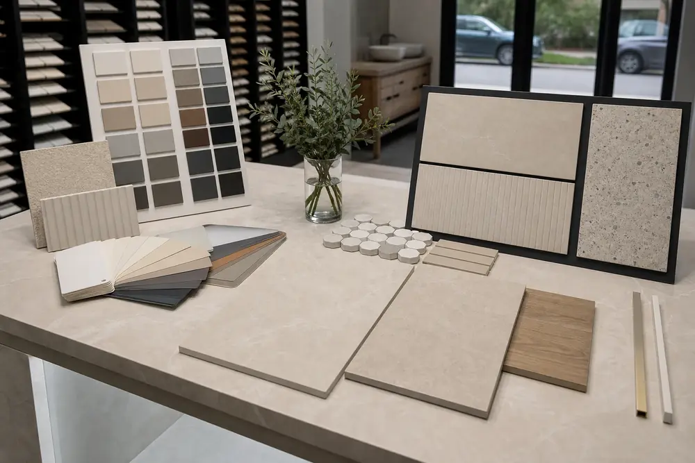 Tile, grout and finish samples arranged on a showroom selection table
