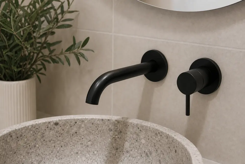 Matte black wall tapware above a pale terrazzo vessel basin