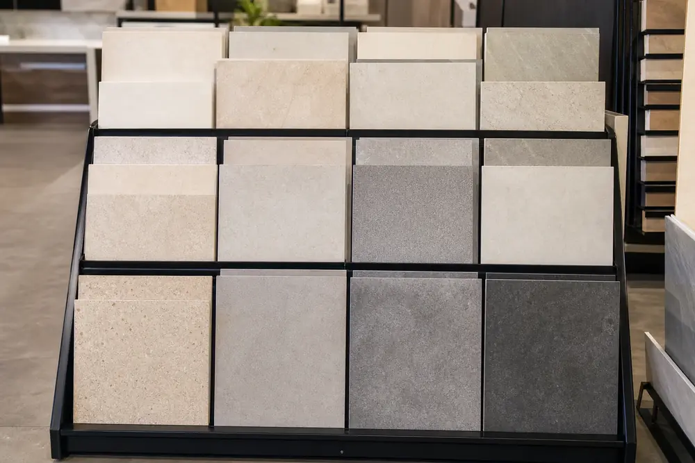 Neutral wall and floor tile samples arranged in a showroom display grid
