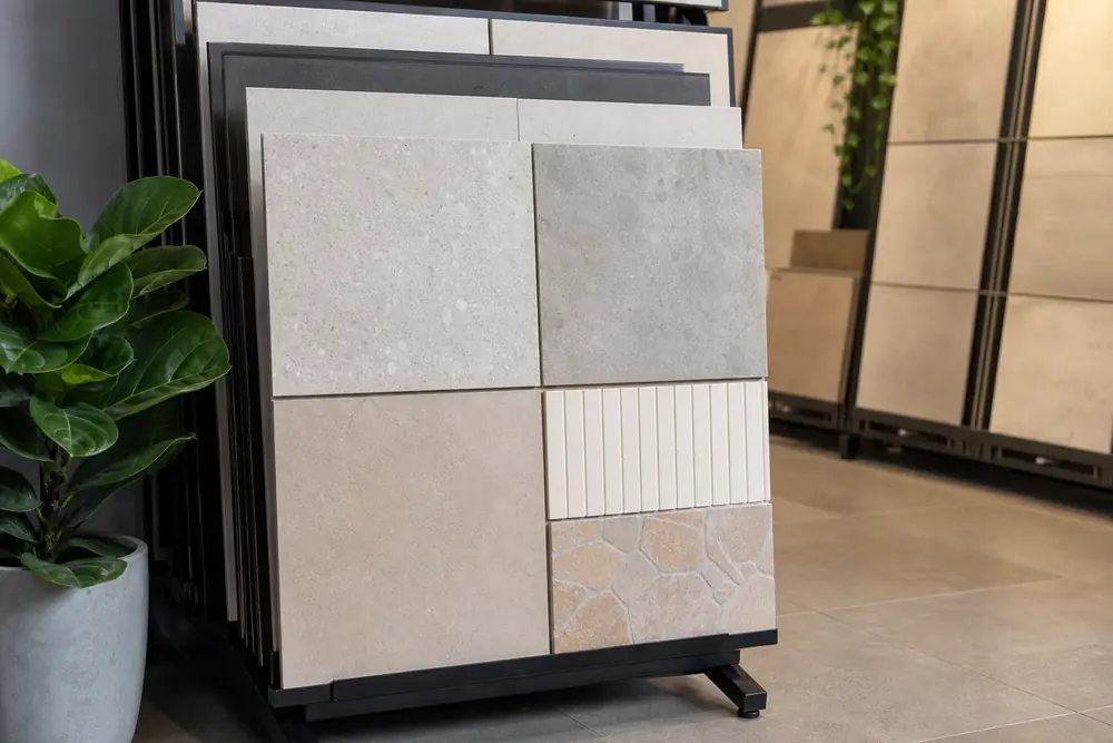 Mixed-format tile sample board on a freestanding black showroom stand