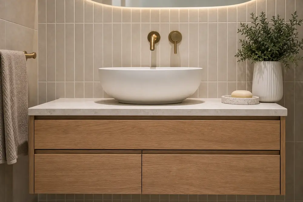 Floating timber vanity with white vessel basin and bronze tapware