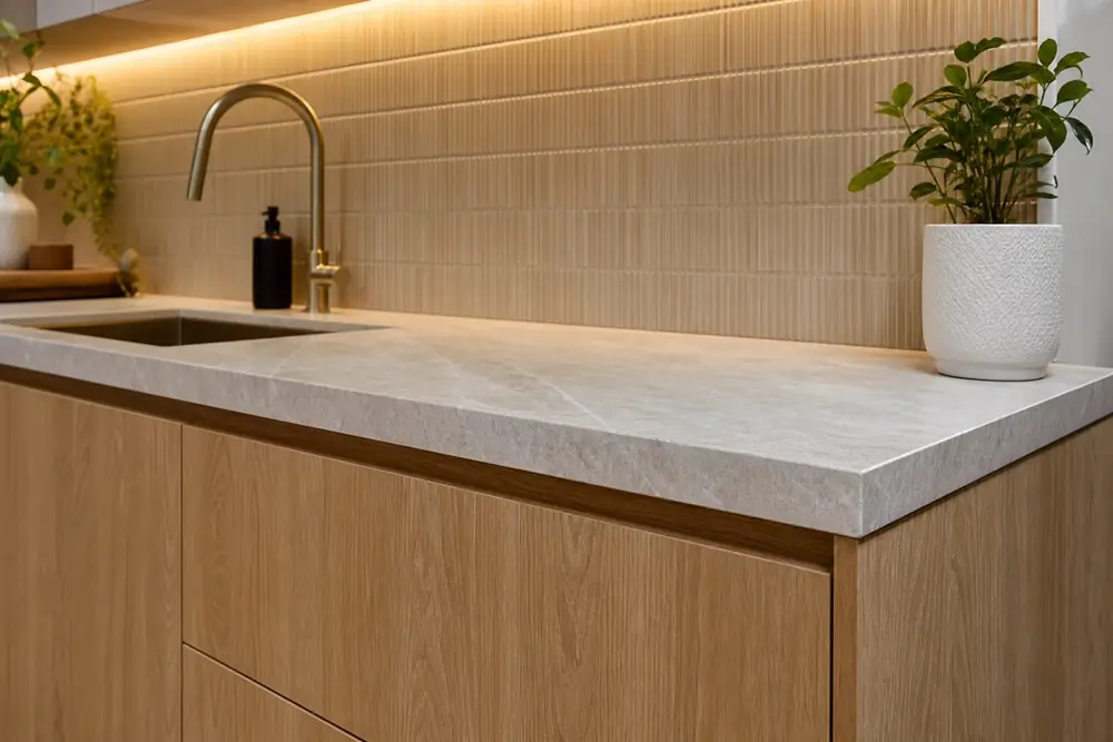 Brushed metal sink tap above a pale stone benchtop and linear tile splashback