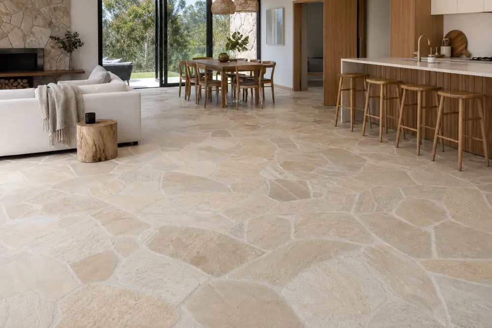Irregular pale limestone flooring through a warm contemporary interior