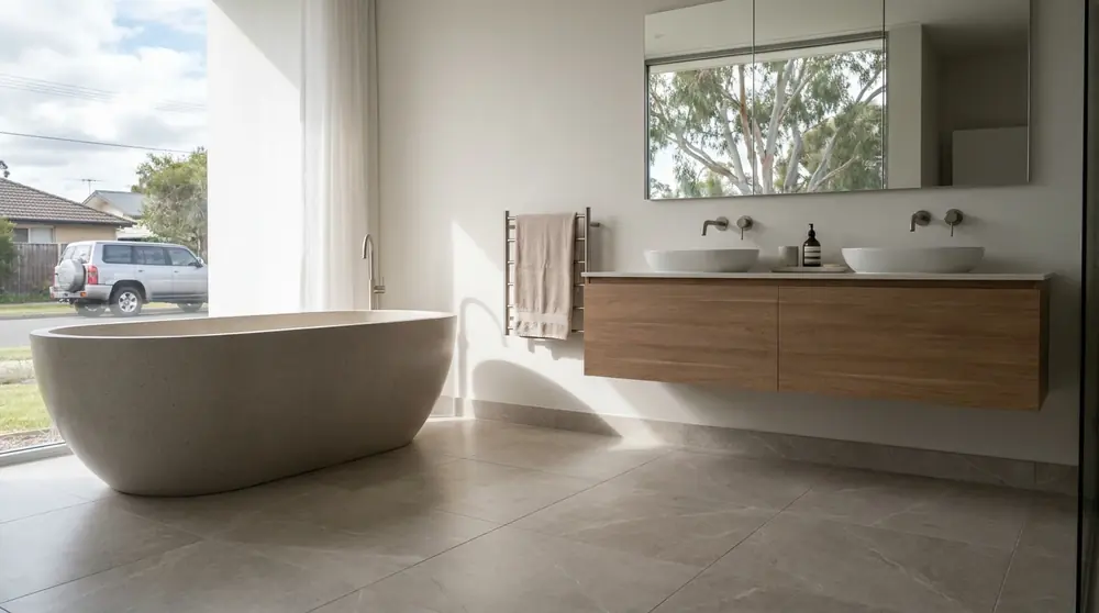 Finished neutral bathroom with freestanding bath and floating timber vanity