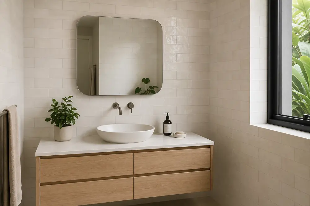Floating timber vanity with white basin and warm neutral wall tiles